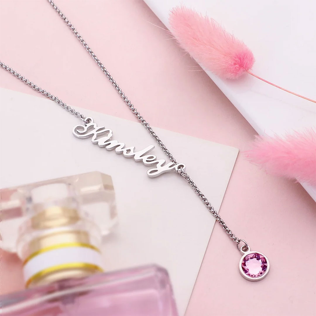 Personalized Name Necklace with A Hanging Birthstone-ancustom