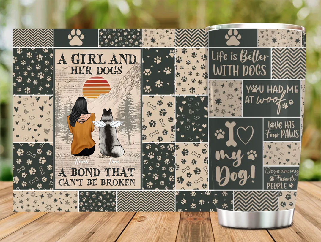 Custom Personalized Dog Mom Travel mug - Gift Idea For Dog Lover - A Girl And Her Dogs A Bond That Can't Be Broken-ancustom