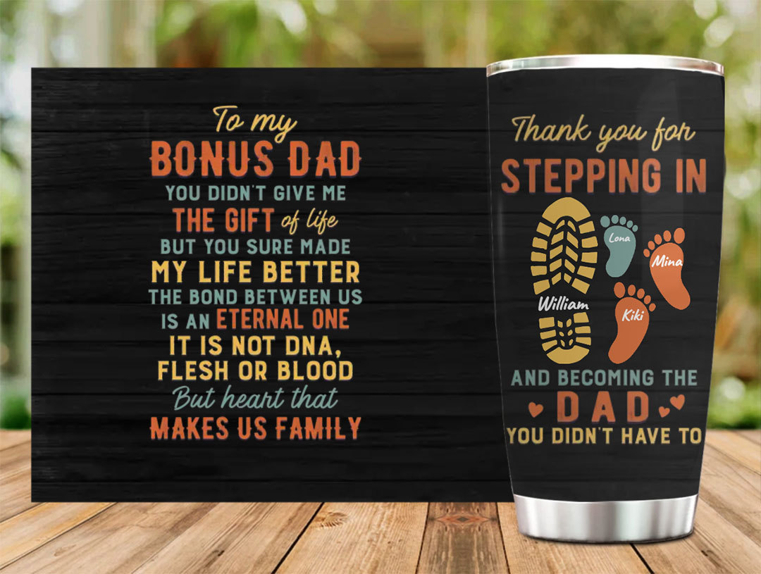 Custom Personalized Bonus Dad Travel mug - Father's Day Gift For Stepdad - Upto 4 Kids - Thank You For Stepping In And Becoming The Dad You Didn't Have To-ancustom