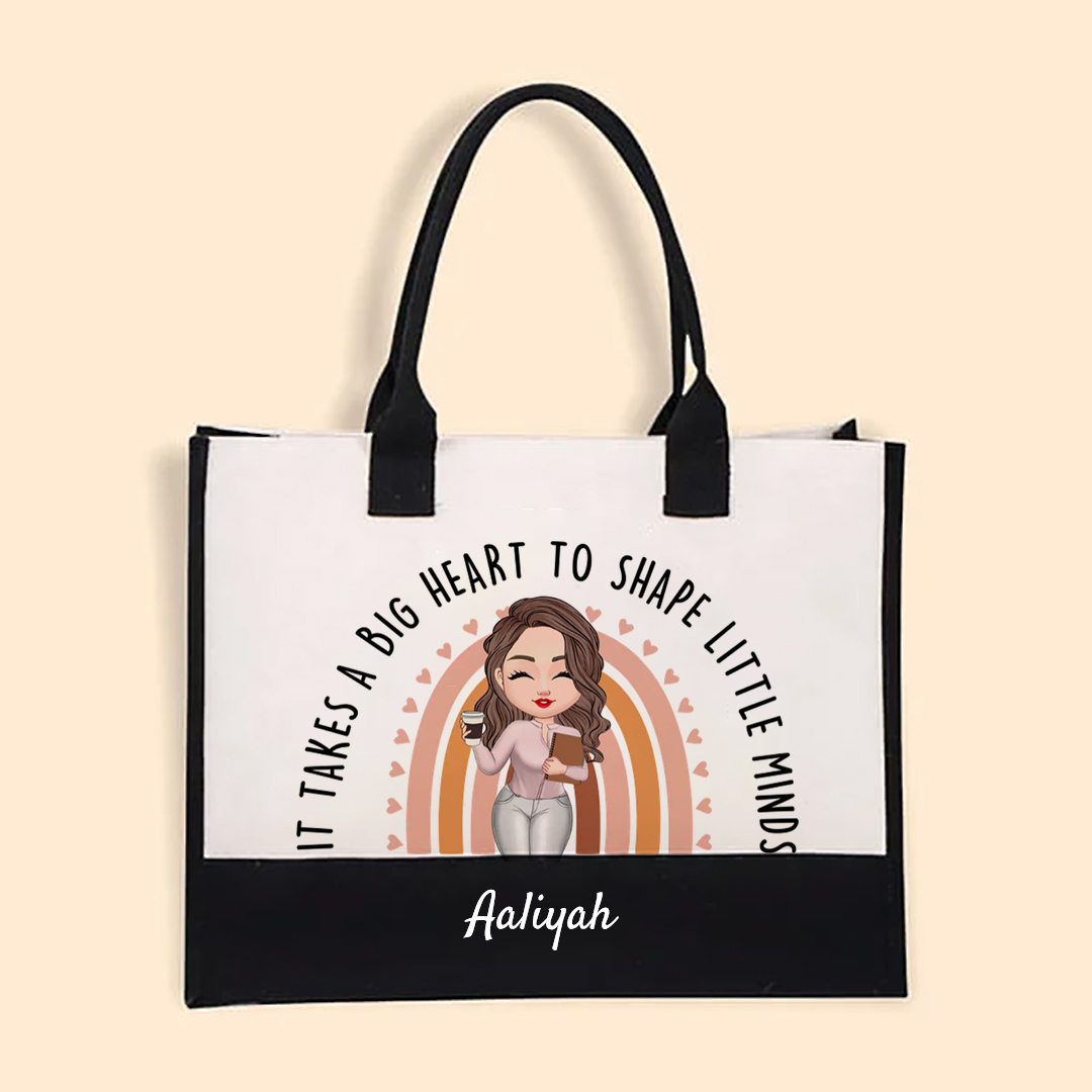 Personalized It Takes A Big Heart To Shape Little Minds Rainbow Large Tote Bag with Name Back to School Birthday Gift for Teacher-ancustom
