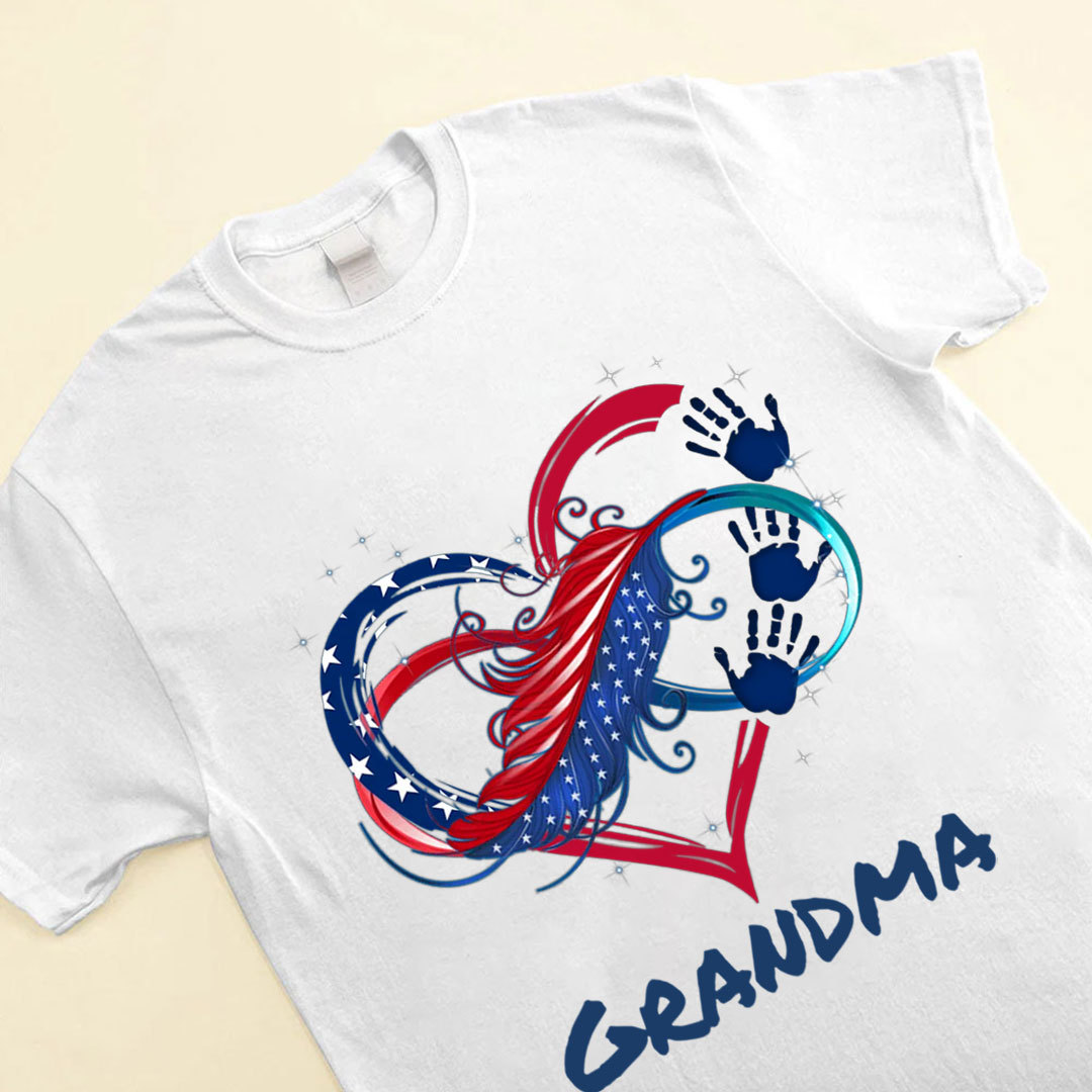 July 4th Grandma Mom Heart Hand Print US Independence Day Gift Personalized T-shirt -ancustom