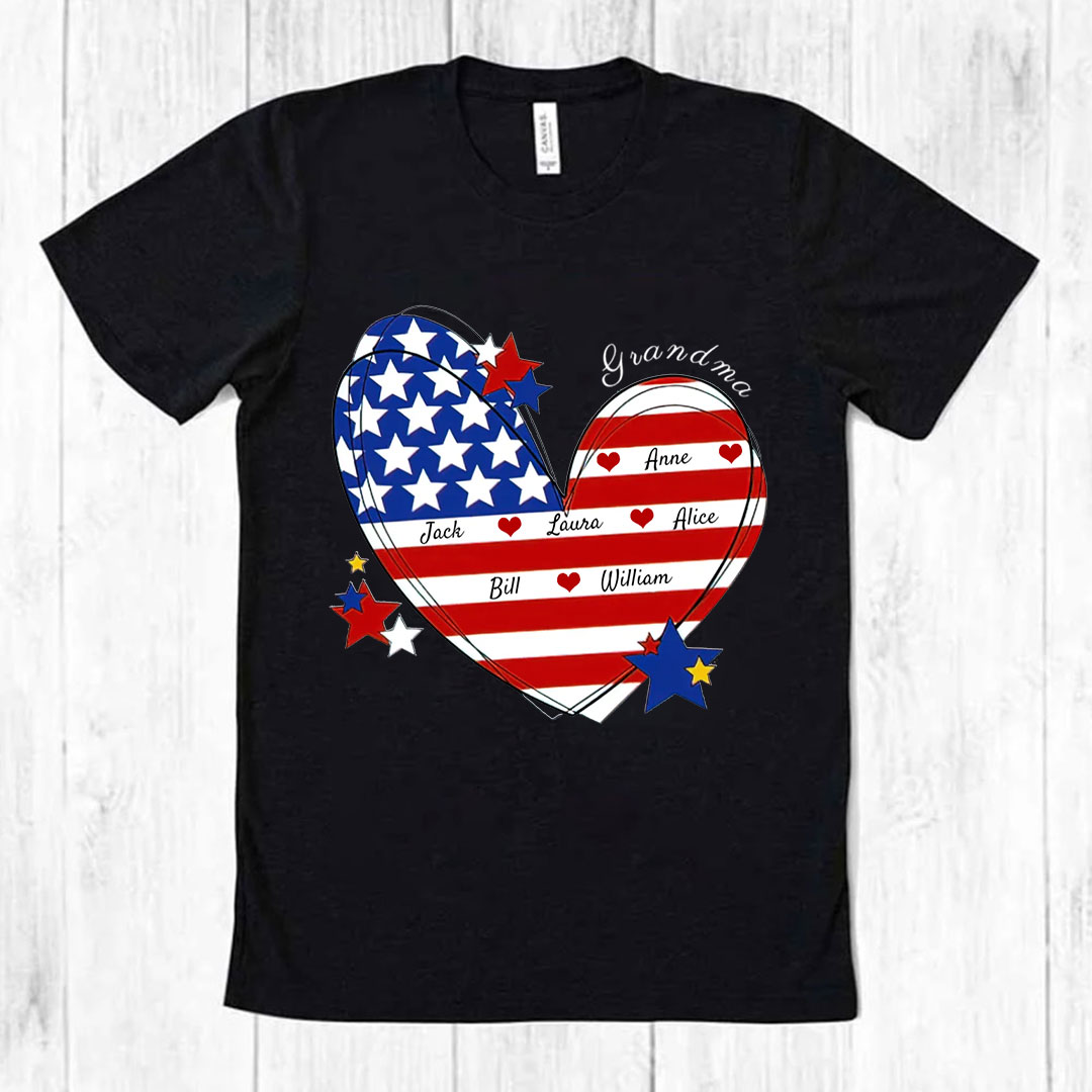 July 4th Grandma Mom Heart Custom Nickname Names US Independence Day Gift USA Flag Tshirt -ancustom