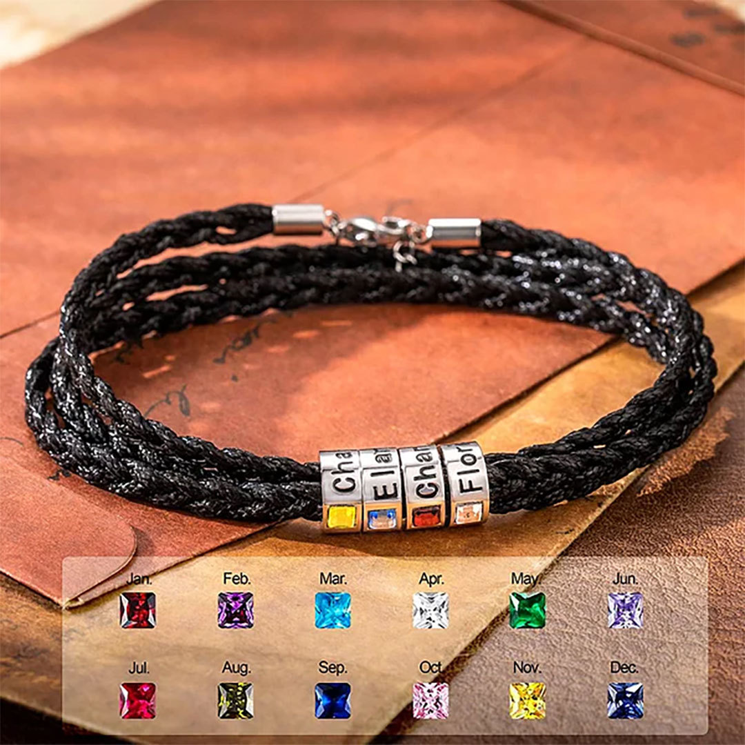 Personalized Men's Braided Leather Birthstone Bracelet with Name-ancustom