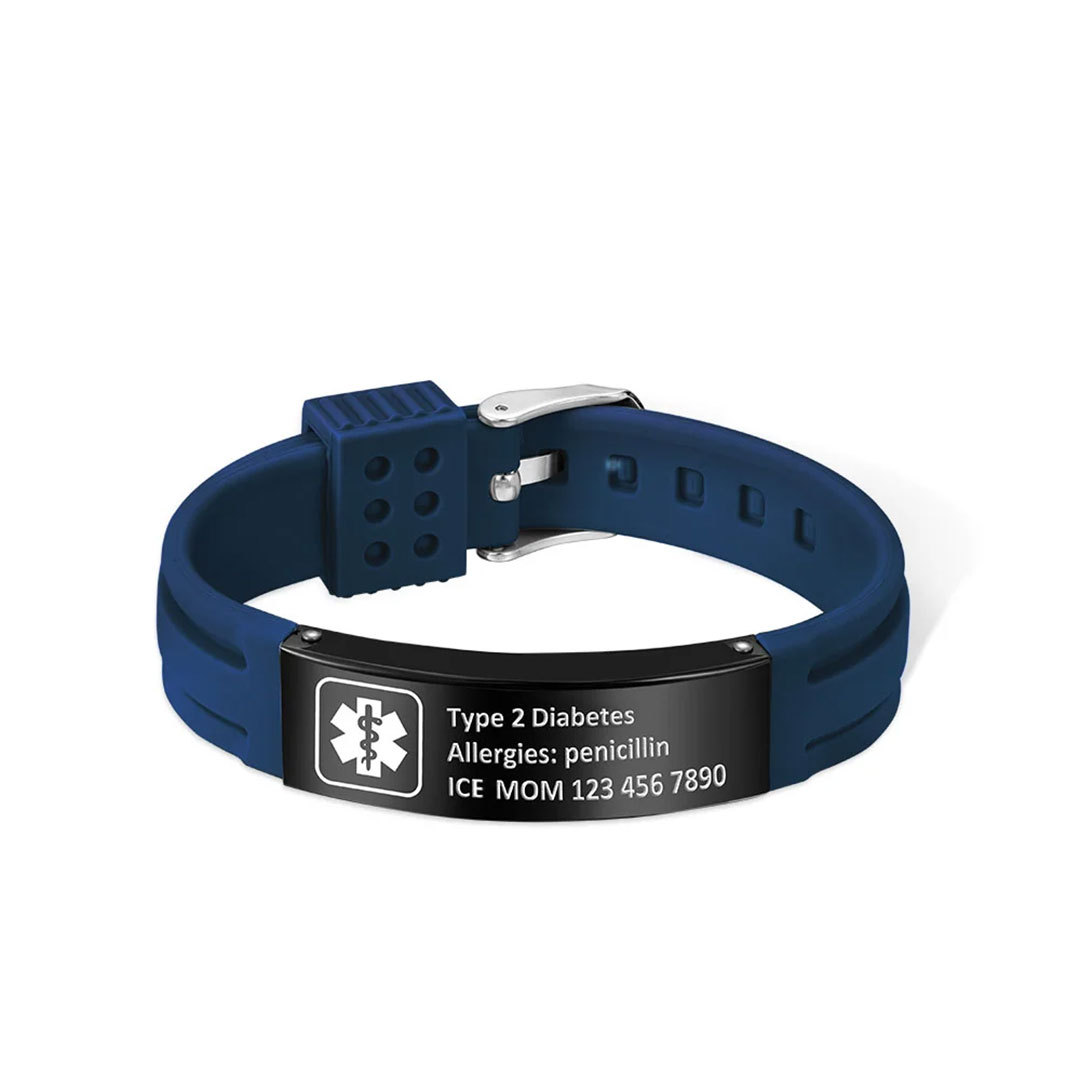 Personalized Emergency Medical Alert Adjustable Silicone Waterproof Wristband with Stainless Steel ID Name Tag for Men Women First Aid Gift-ancustom