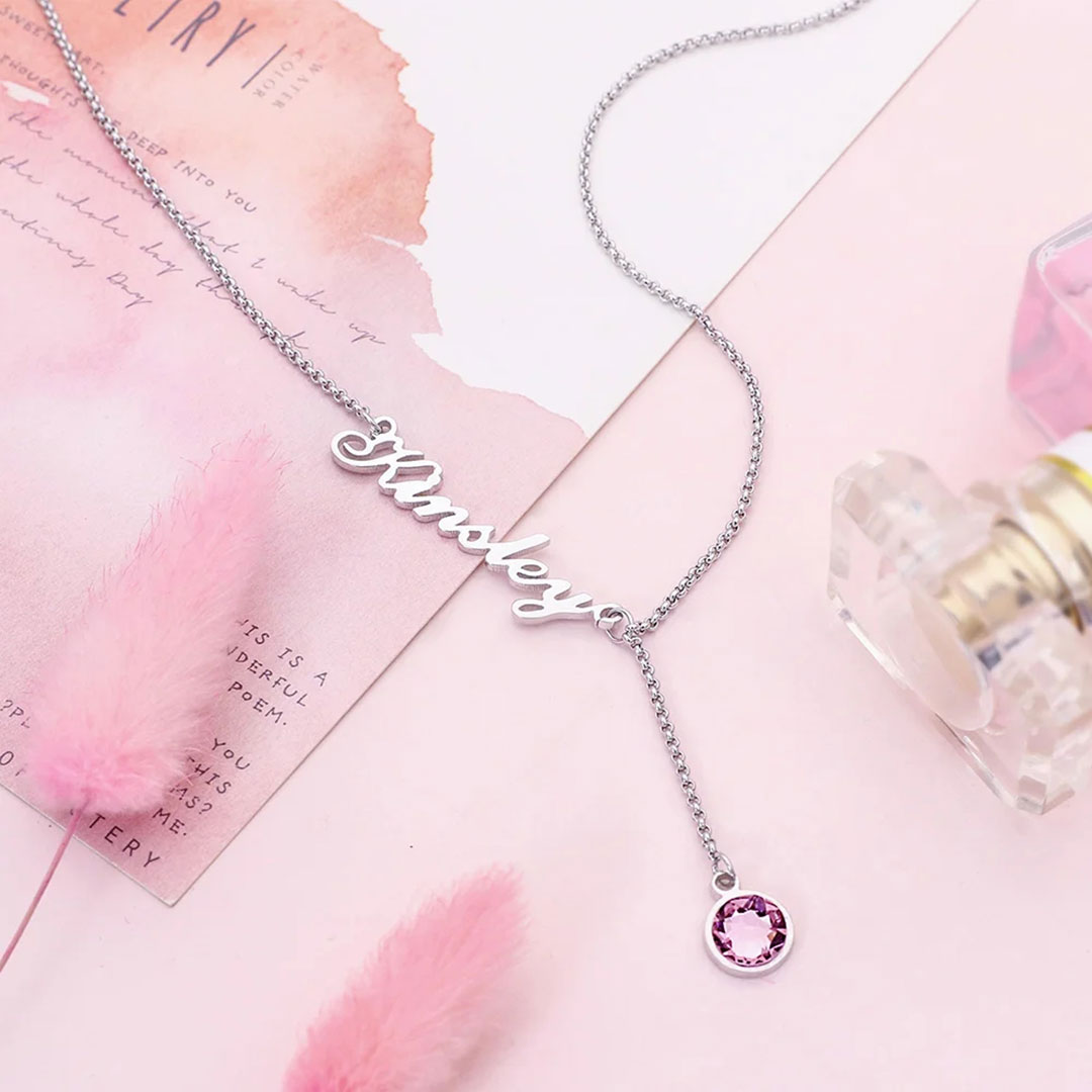 Personalized Name Necklace with A Hanging Birthstone-ancustom