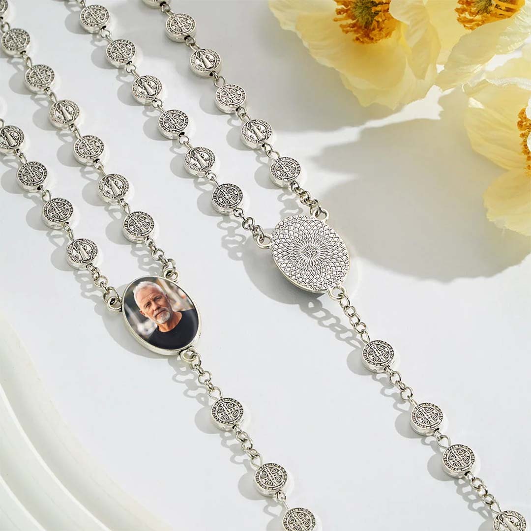 Custom Rosary Beads Cross Necklace Personalized Vintage Alloy Beads Necklace with Photo-ancustom