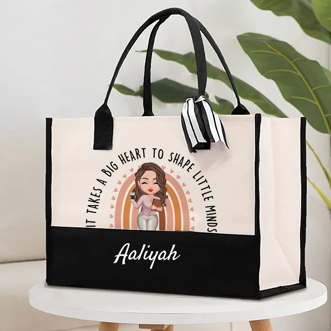 Personalized It Takes A Big Heart To Shape Little Minds Rainbow Large Tote Bag with Name Back to School Birthday Gift for Teacher-ancustom