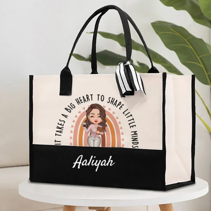Personalized It Takes A Big Heart To Shape Little Minds Rainbow Large Tote Bag with Name Back to School Birthday Gift for Teacher-ancustom