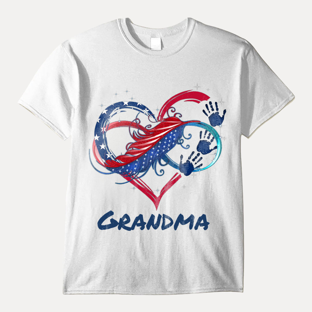 July 4th Grandma Mom Heart Hand Print US Independence Day Gift Personalized T-shirt -ancustom