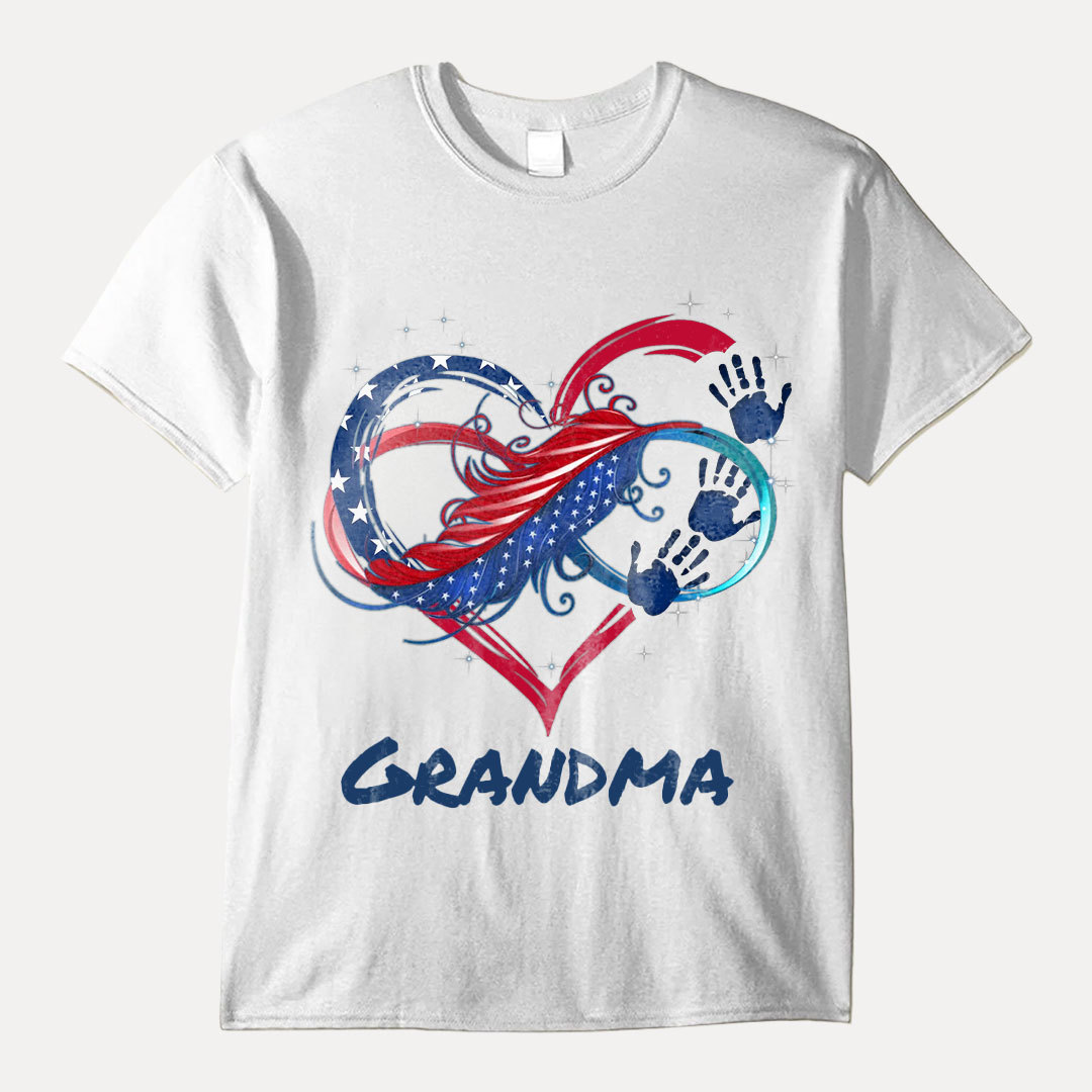 July 4th Grandma Mom Heart Hand Print US Independence Day Gift Personalized T-shirt -ancustom