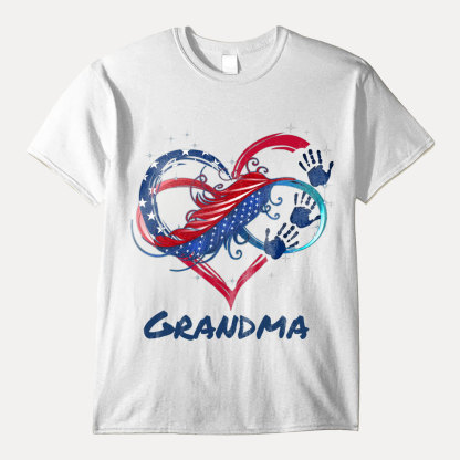 July 4th Grandma Mom Heart Hand Print US Independence Day Gift Personalized T-shirt -ancustom