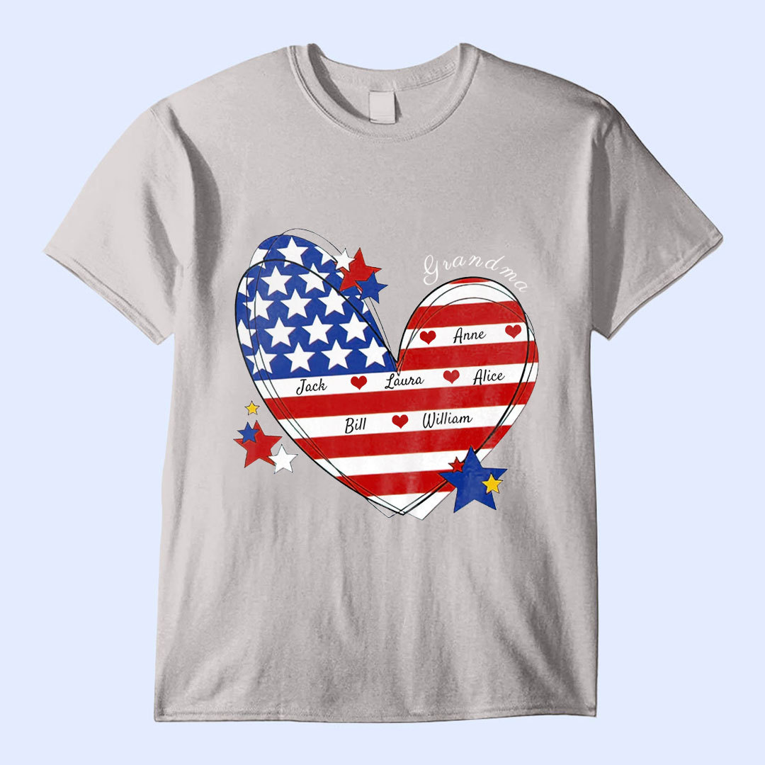 July 4th Grandma Mom Heart Custom Nickname Names US Independence Day Gift USA Flag Tshirt -ancustom