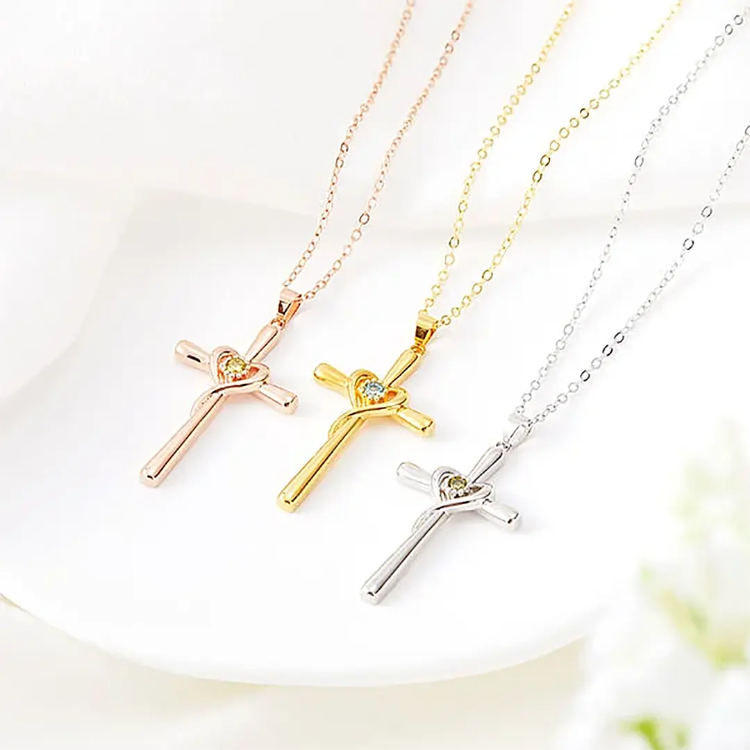 Personalized Heart Cross Necklace with Birthstone Minimalist Christian Jewelry Religious Birthday Gift for Her-ancustom