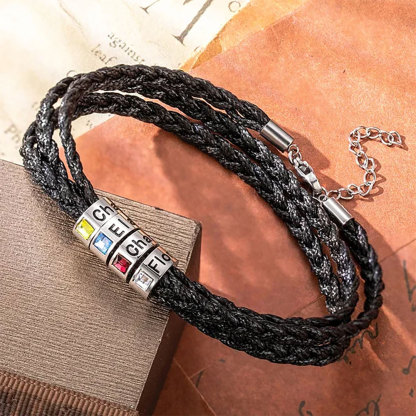 Personalized Men's Braided Leather Birthstone Bracelet with Name-ancustom