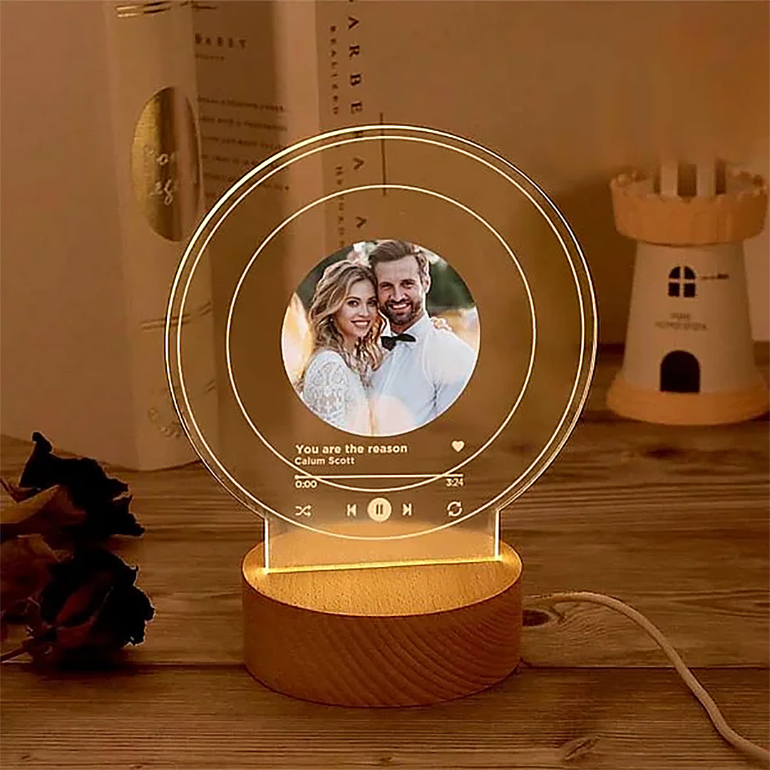 Personalized Music Album Cover Photo LED Night Light with Wooden Base Anniversary Valentine's Day Gift for Couple-ancustom