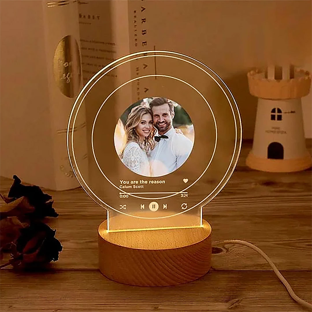 Personalized Music Album Cover Photo LED Night Light with Wooden Base Anniversary Valentine's Day Gift for Couple-ancustom