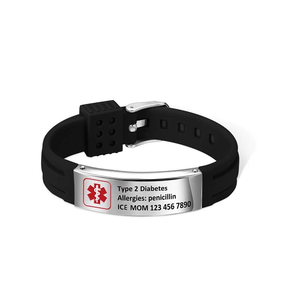 Personalized Emergency Medical Alert Adjustable Silicone Waterproof Wristband with Stainless Steel ID Name Tag for Men Women First Aid Gift-ancustom
