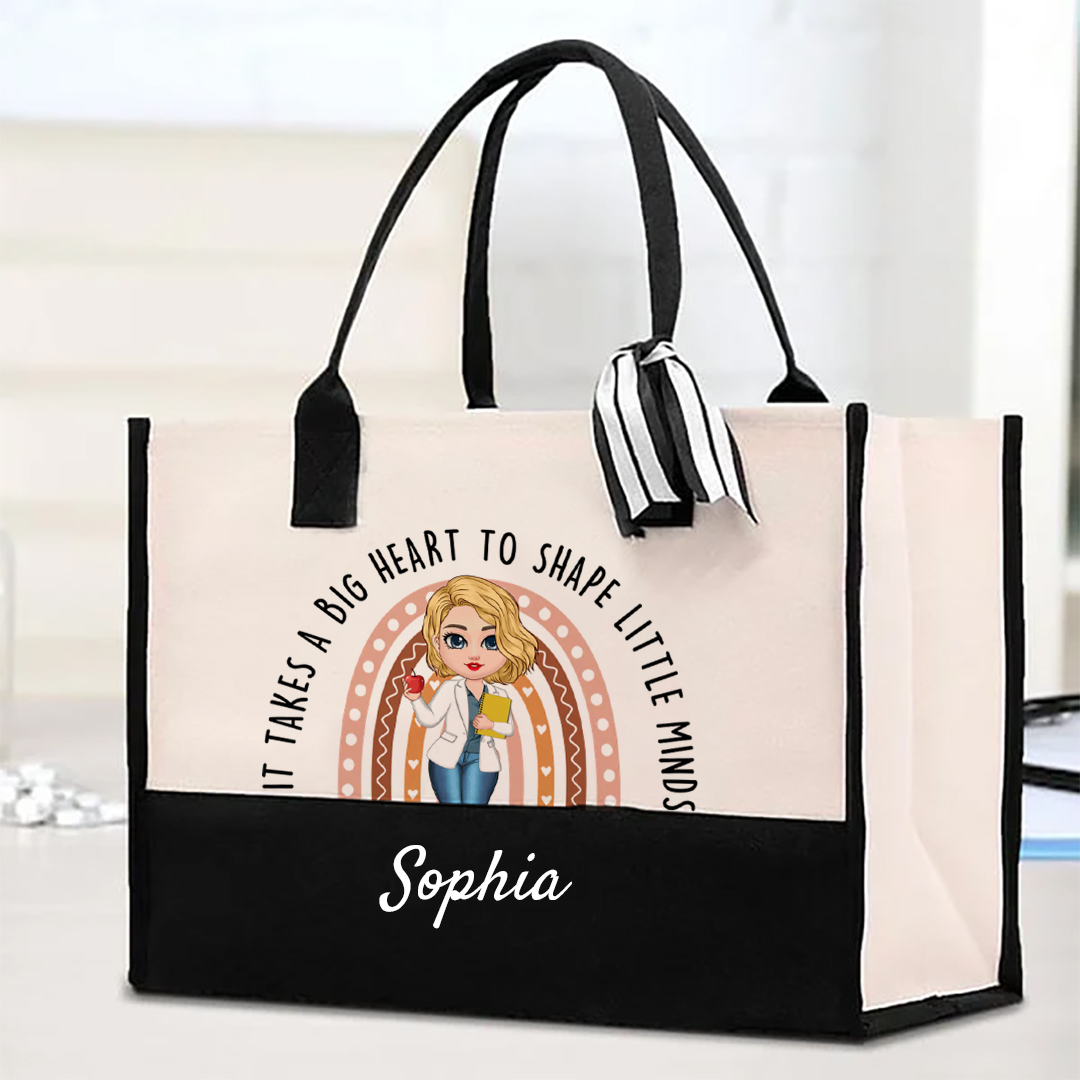Personalized It Takes A Big Heart To Shape Little Minds Rainbow Large Tote Bag with Name Back to School Birthday Gift for Teacher-ancustom