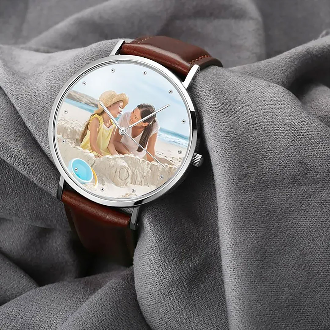 Unisex Engraved Photo Watch Brown Leather Strap 40mm-ancustom