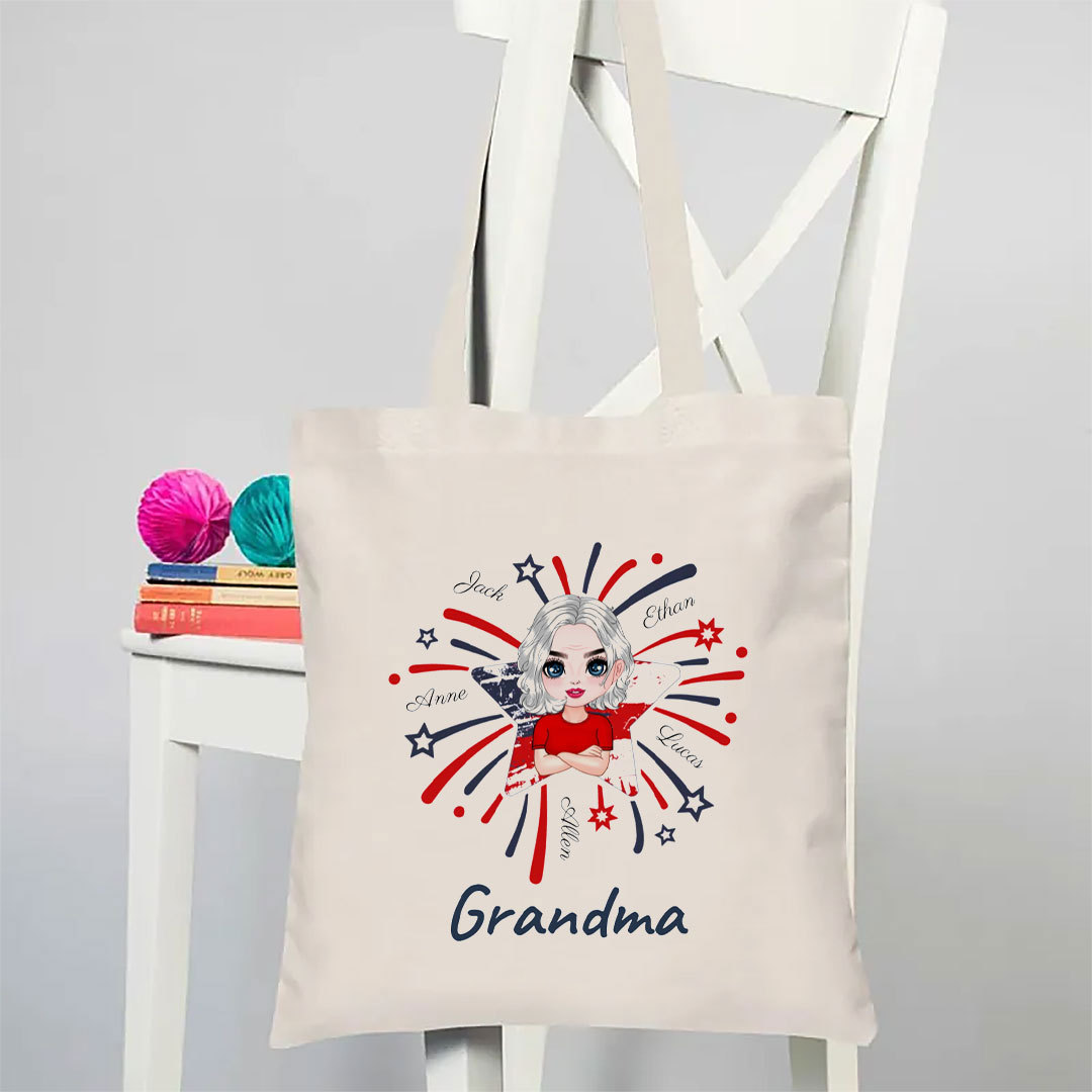 Star Fireworks American Flag Personalized Tote Bag for Grandma and Grandkids-ancustom