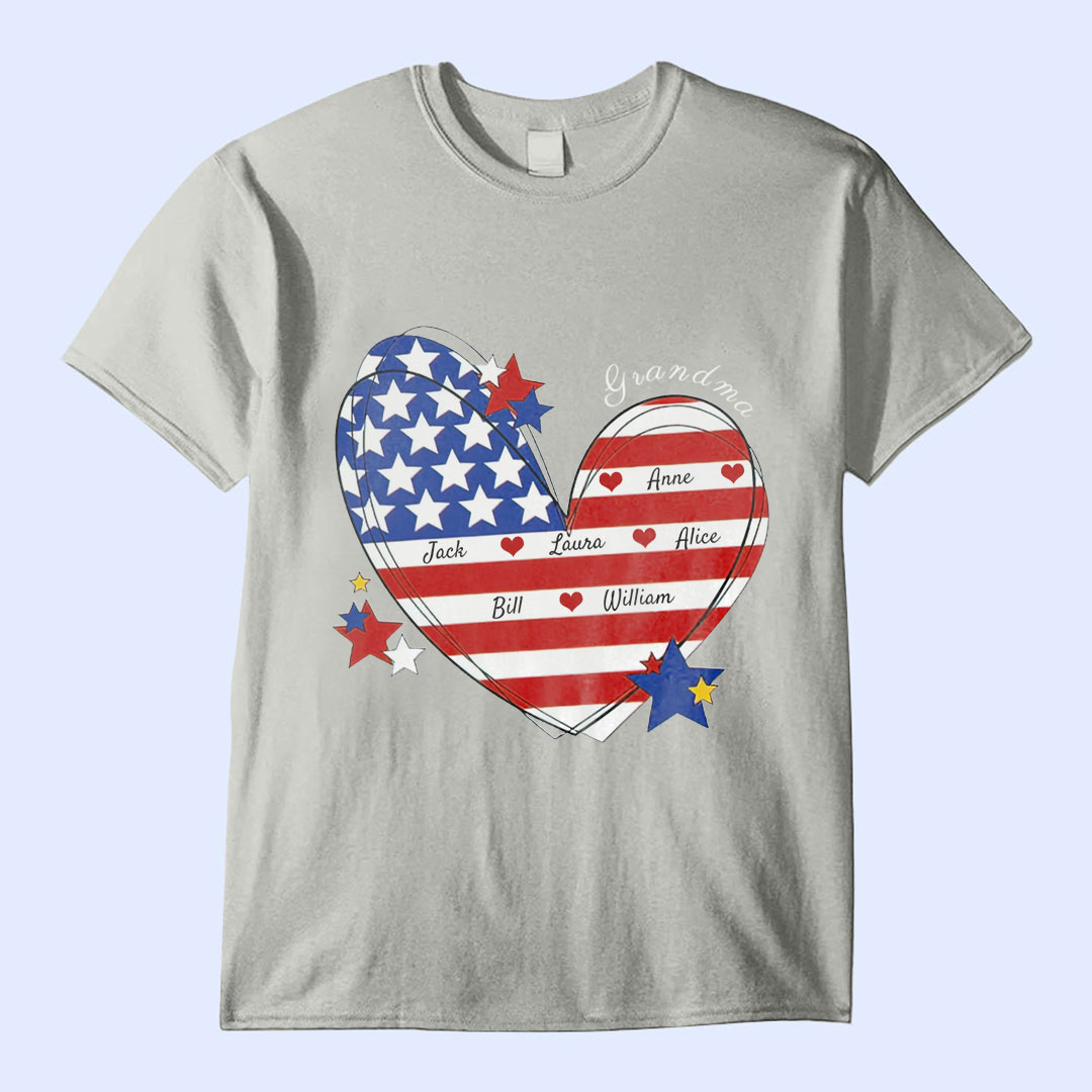 July 4th Grandma Mom Heart Custom Nickname Names US Independence Day Gift USA Flag Tshirt -ancustom