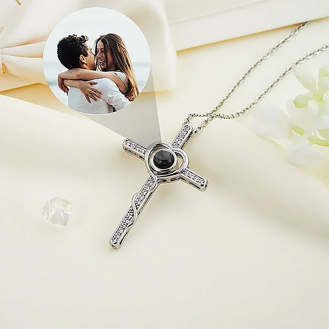 Personalized Cross Photo Projection Necklace I Love You in 100 Languages Anniversary Birthday Gift for Her-ancustom