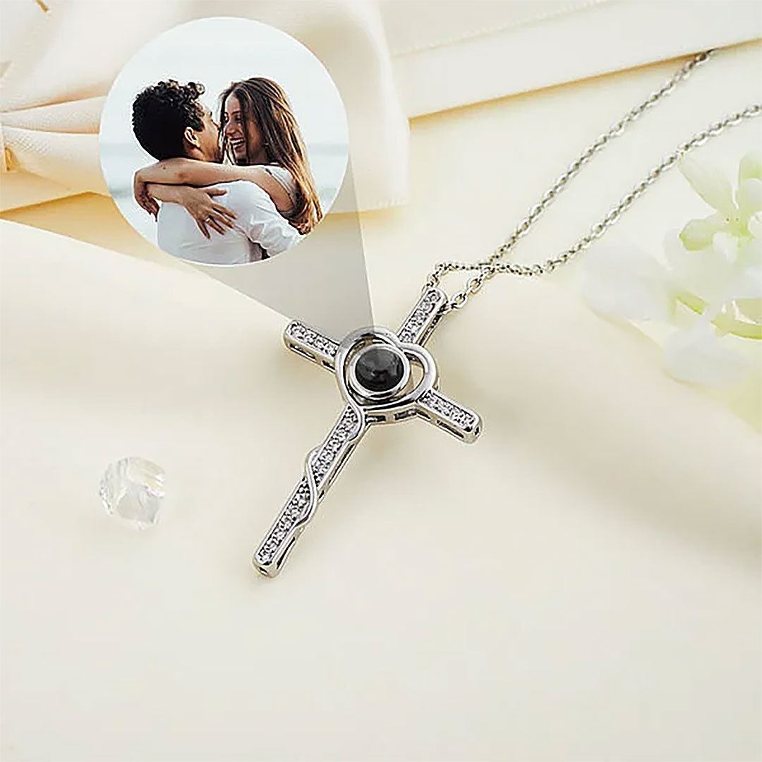 Personalized Cross Photo Projection Necklace I Love You in 100 Languages Anniversary Birthday Gift for Her-ancustom