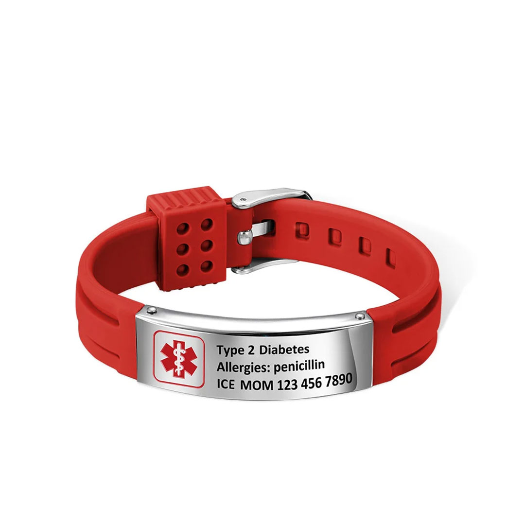 Personalized Emergency Medical Alert Adjustable Silicone Waterproof Wristband with Stainless Steel ID Name Tag for Men Women First Aid Gift-ancustom