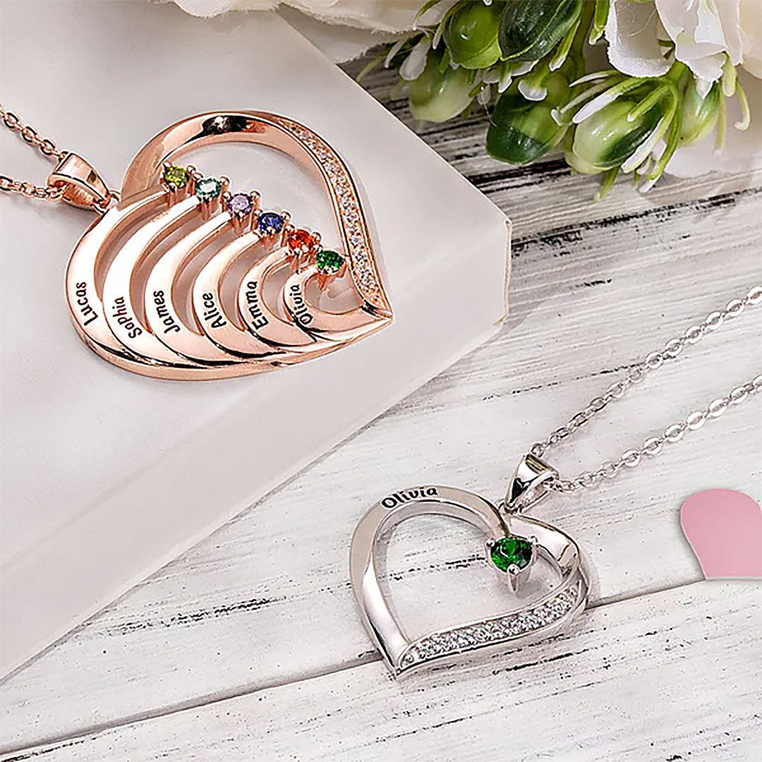 Personalized heart shaped family necklace with 1-6 names and birthstones, gift for mother, grandma-ancustom