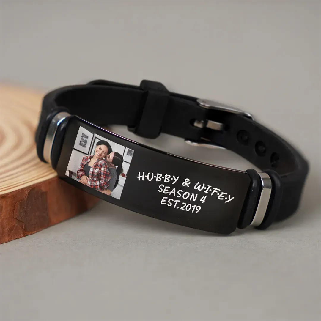 Custom Photo Hubby And Wifey - Birthday, Anniversary Gift For Spouse, Husband, Wife, Couple - Personalized Engraved Wristband-ancustom
