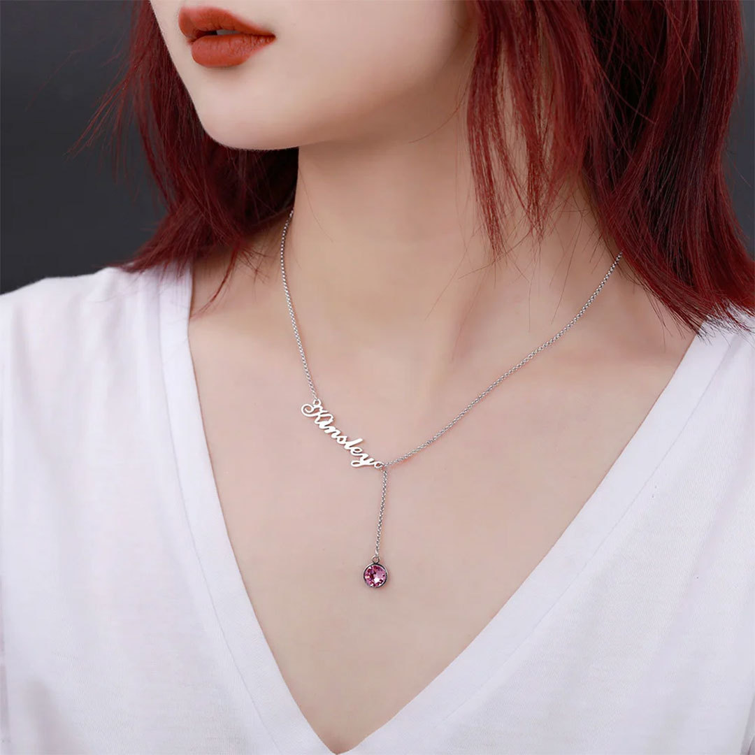 Personalized Name Necklace with A Hanging Birthstone-ancustom