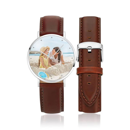 Unisex Engraved Photo Watch Brown Leather Strap 40mm-ancustom