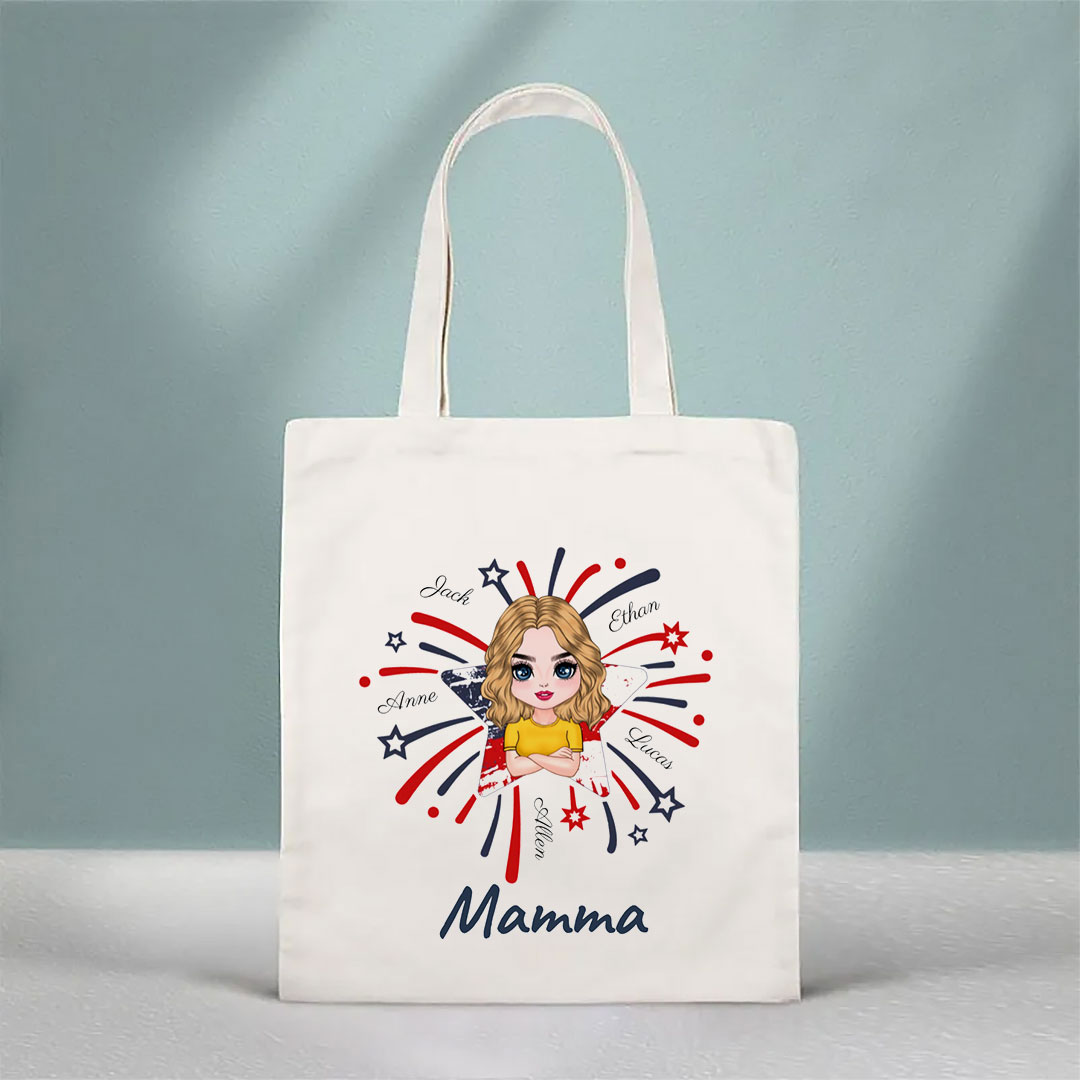 Star Fireworks American Flag Personalized Tote Bag for Grandma and Grandkids-ancustom