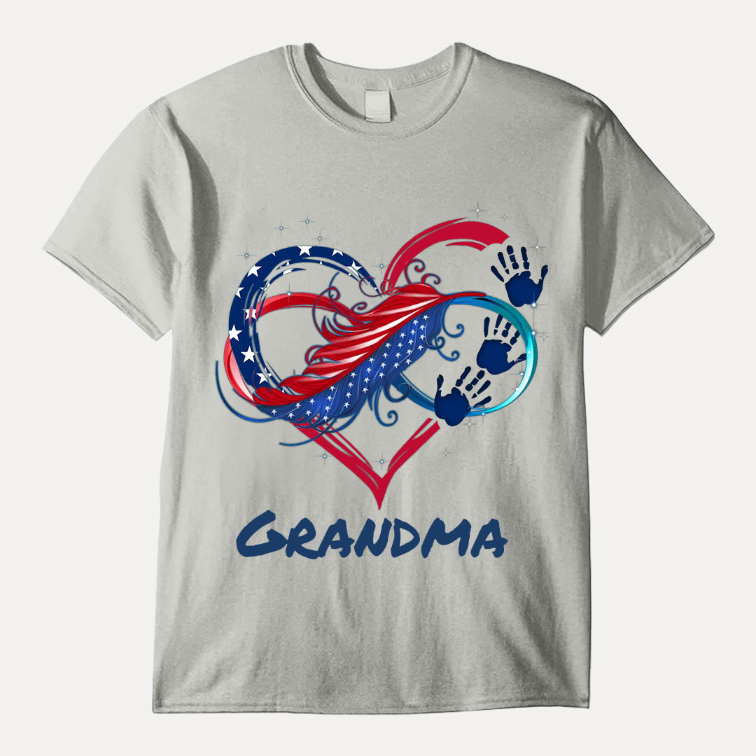 July 4th Grandma Mom Heart Hand Print US Independence Day Gift Personalized T-shirt -ancustom