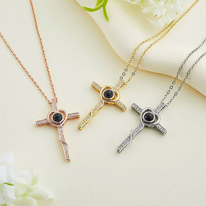 Personalized Cross Photo Projection Necklace I Love You in 100 Languages Anniversary Birthday Gift for Her-ancustom