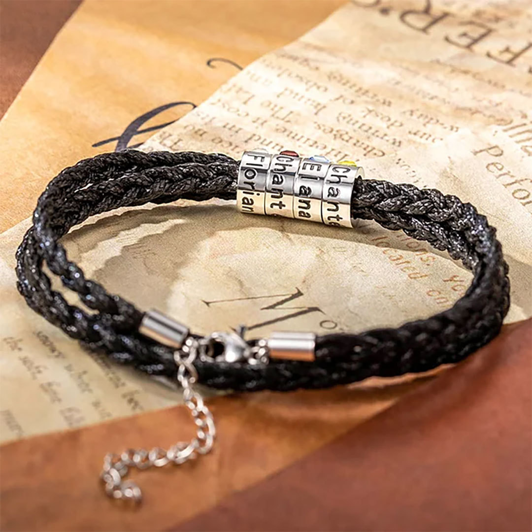 Personalized Men's Braided Leather Birthstone Bracelet with Name-ancustom