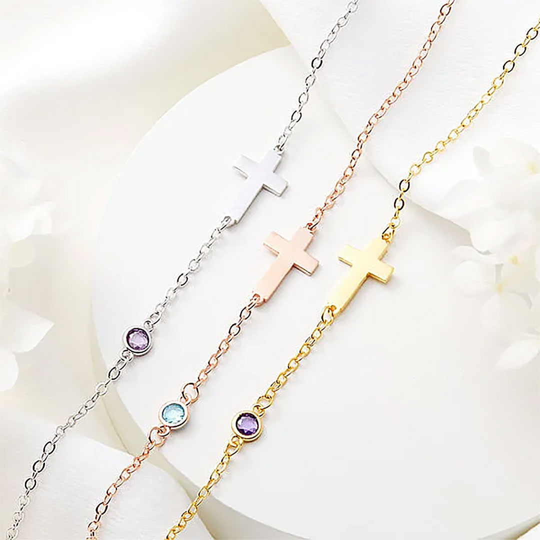 Personalized Dainty Cross Bracelet with Birthstone Birthday Anniversary Gift for Christian Women-ancustom