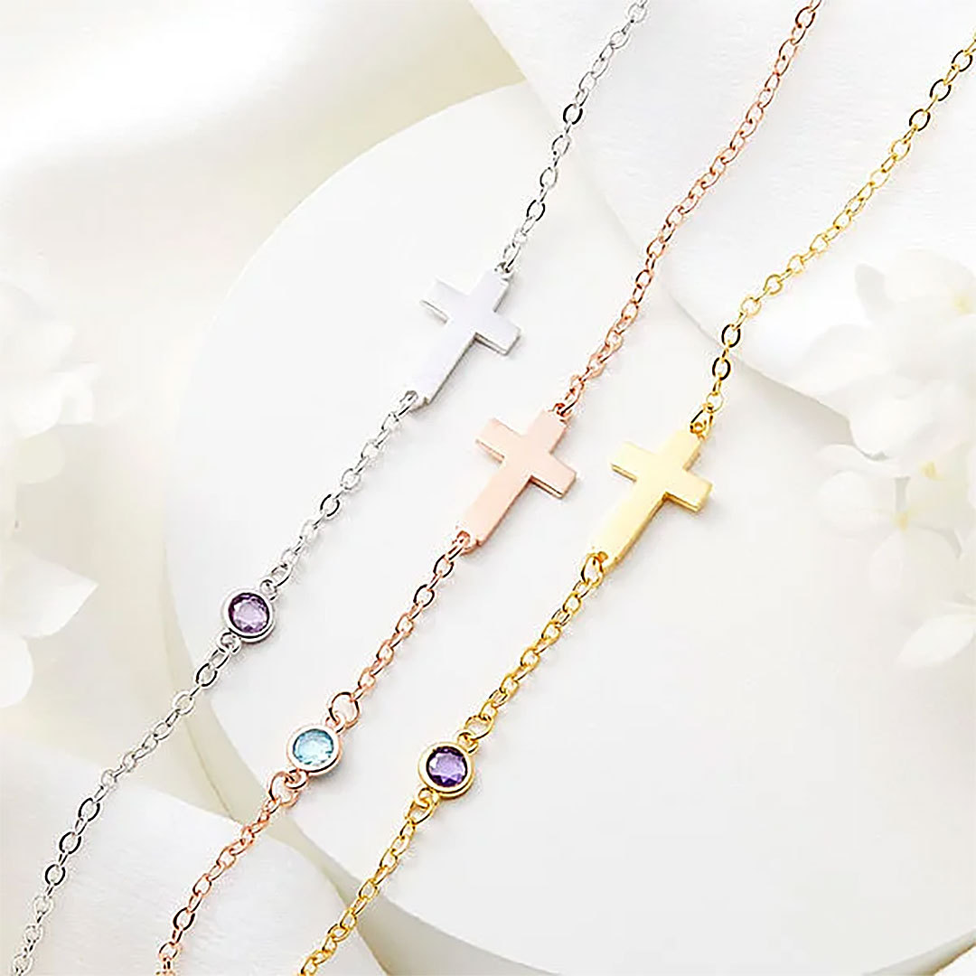 Personalized Dainty Cross Bracelet with Birthstone Birthday Anniversary Gift for Christian Women-ancustom