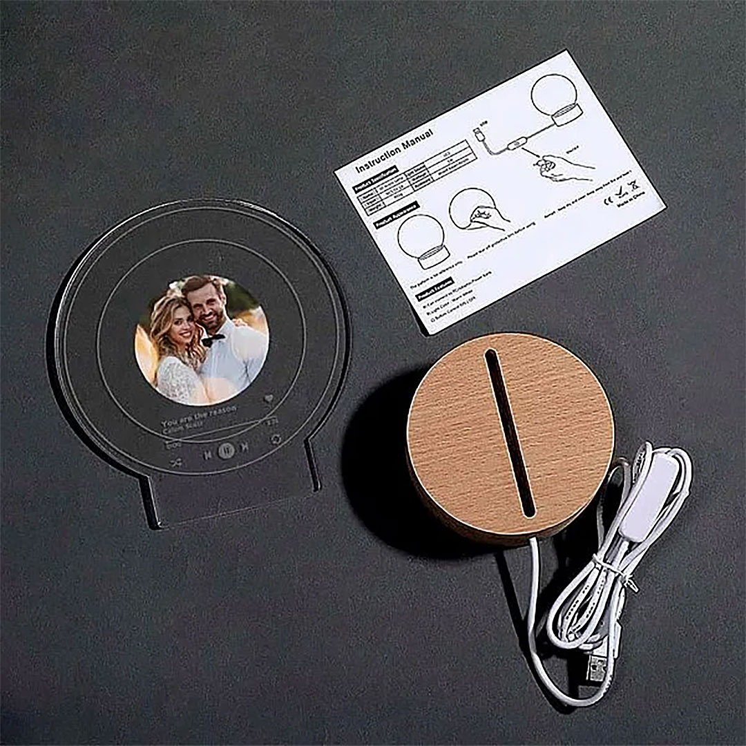 Personalized Music Album Cover Photo LED Night Light with Wooden Base Anniversary Valentine's Day Gift for Couple-ancustom