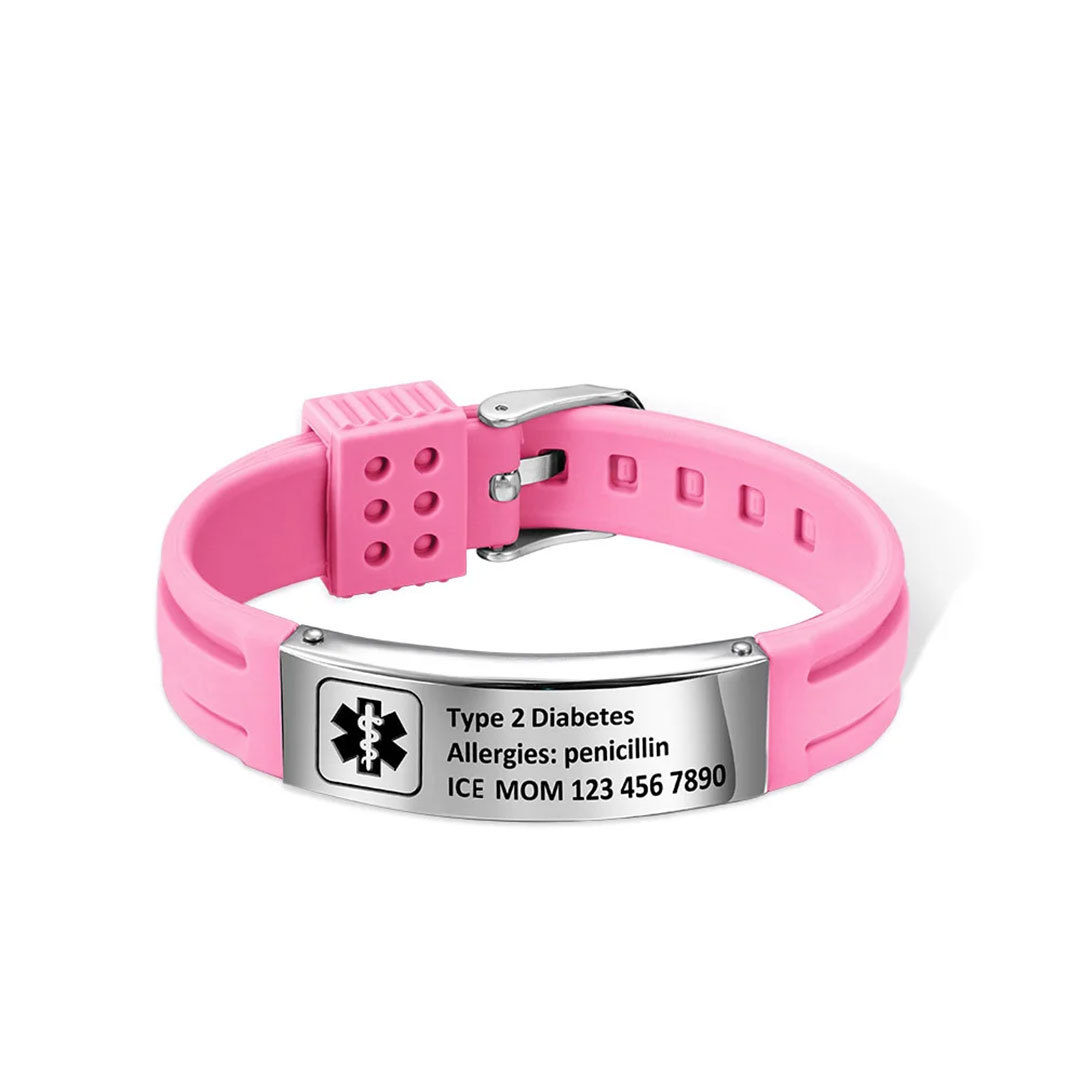 Personalized Emergency Medical Alert Adjustable Silicone Waterproof Wristband with Stainless Steel ID Name Tag for Men Women First Aid Gift-ancustom