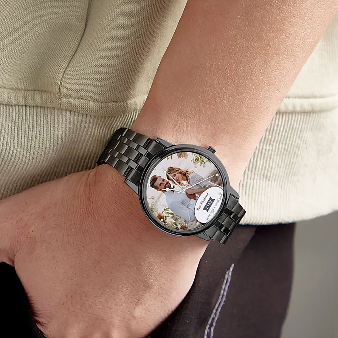 Personalized Engraved Photo Watch Black Alloy Bracelet Photo Watch Gift for Wife、Husband-ancustom