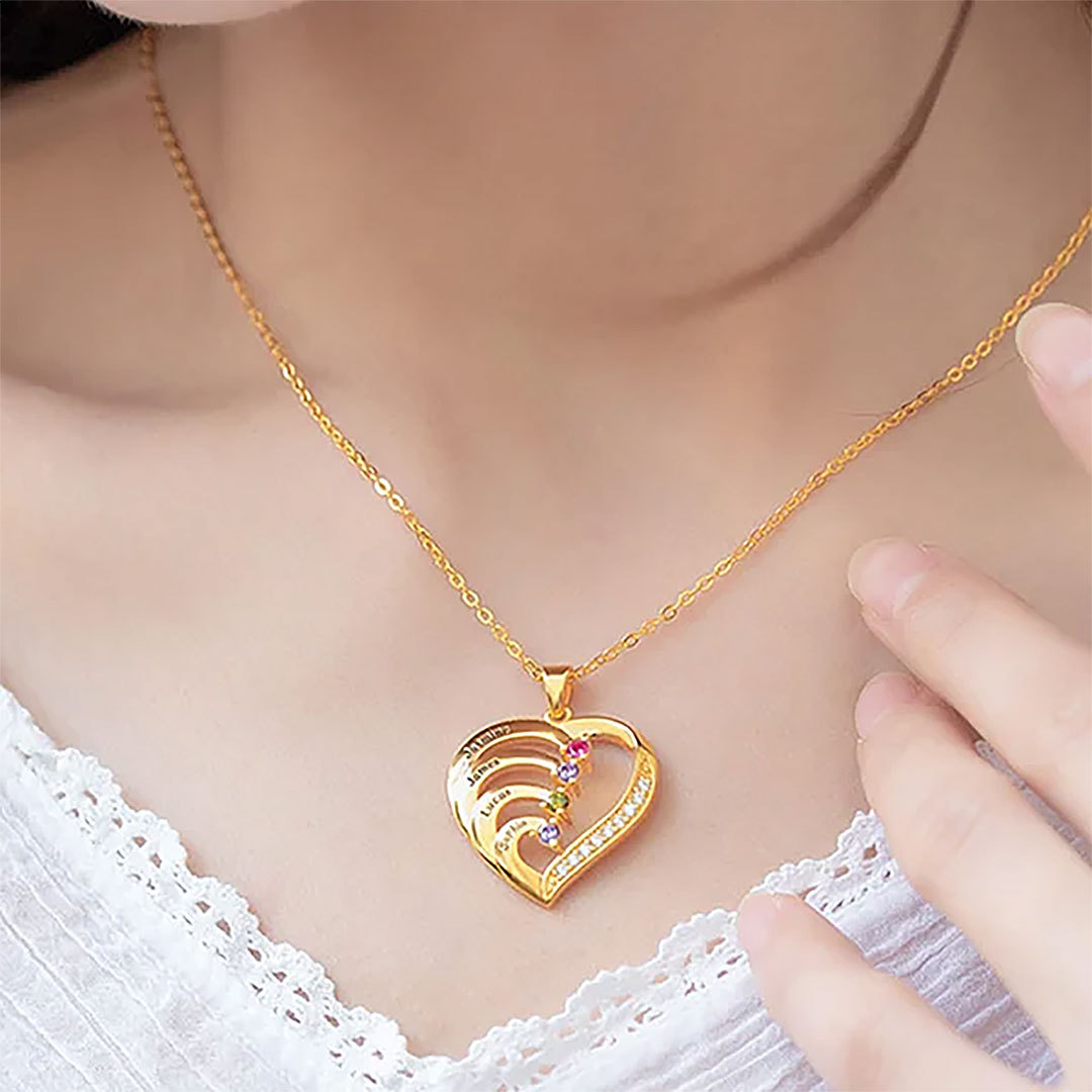 Personalized heart shaped family necklace with 1-6 names and birthstones, gift for mother, grandma-ancustom