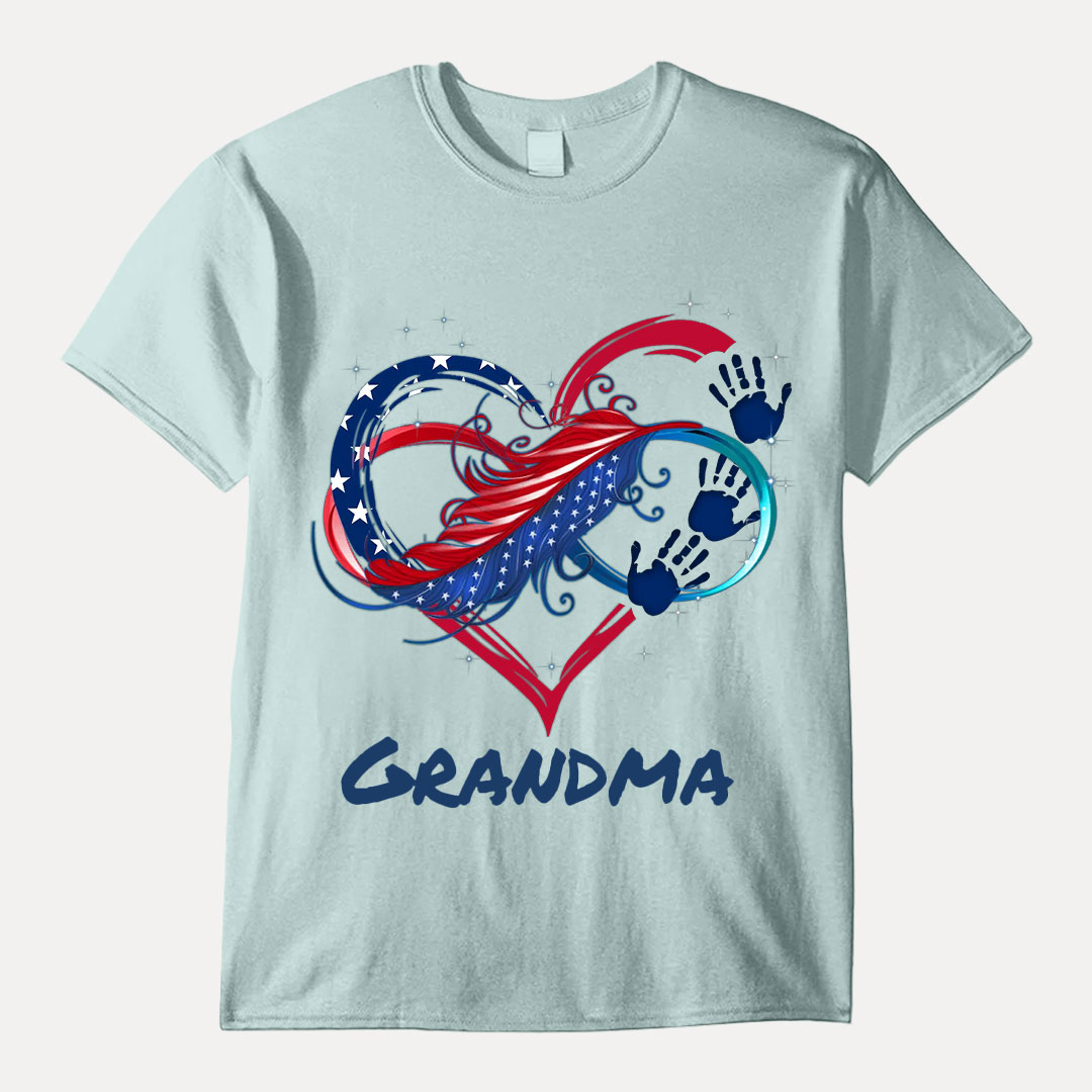 July 4th Grandma Mom Heart Hand Print US Independence Day Gift Personalized T-shirt -ancustom