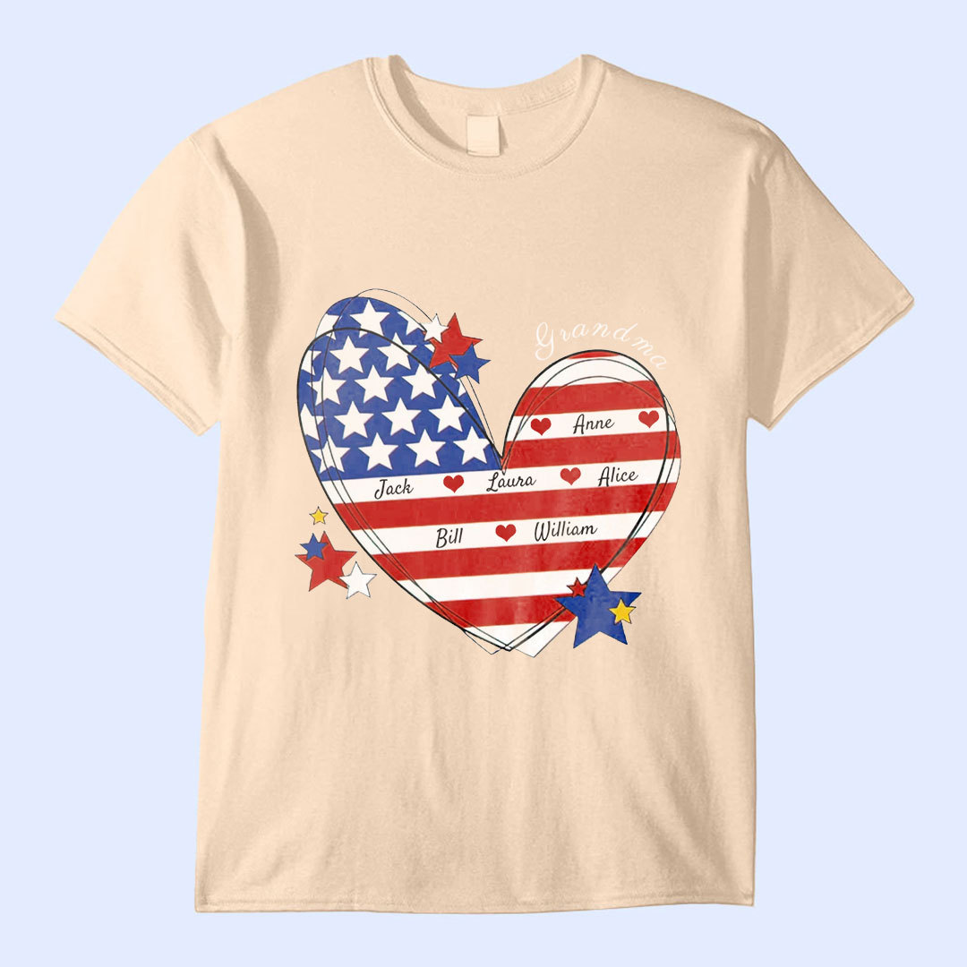 July 4th Grandma Mom Heart Custom Nickname Names US Independence Day Gift USA Flag Tshirt -ancustom