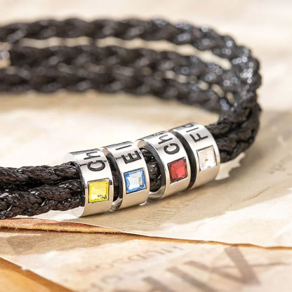 Personalized Men's Braided Leather Birthstone Bracelet with Name-ancustom