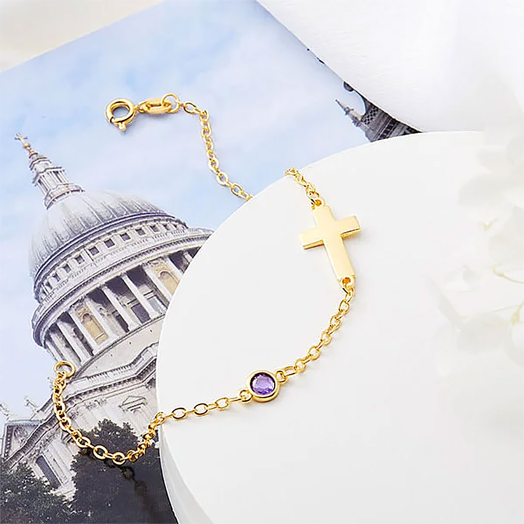 Personalized Dainty Cross Bracelet with Birthstone Birthday Anniversary Gift for Christian Women-ancustom