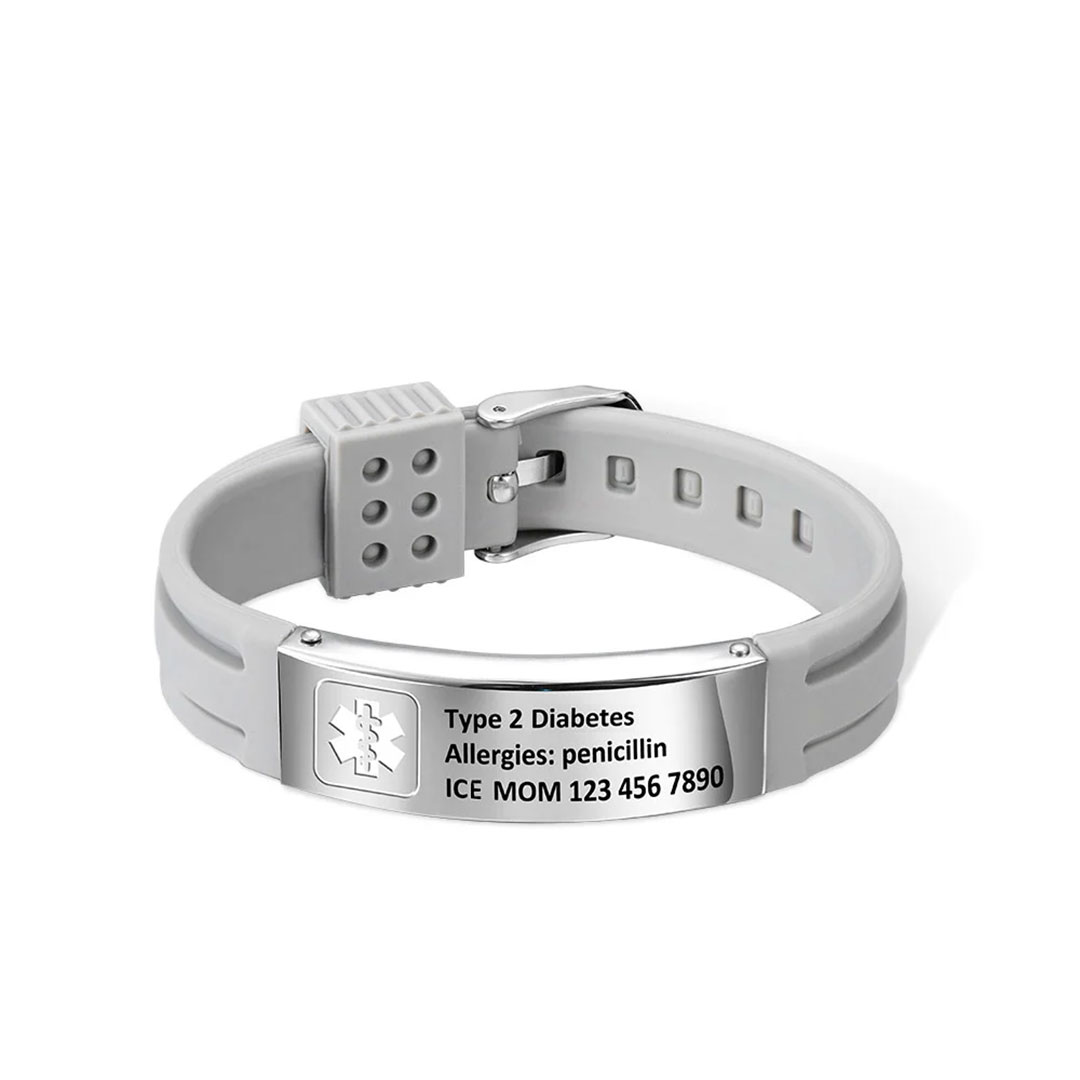 Personalized Emergency Medical Alert Adjustable Silicone Waterproof Wristband with Stainless Steel ID Name Tag for Men Women First Aid Gift-ancustom