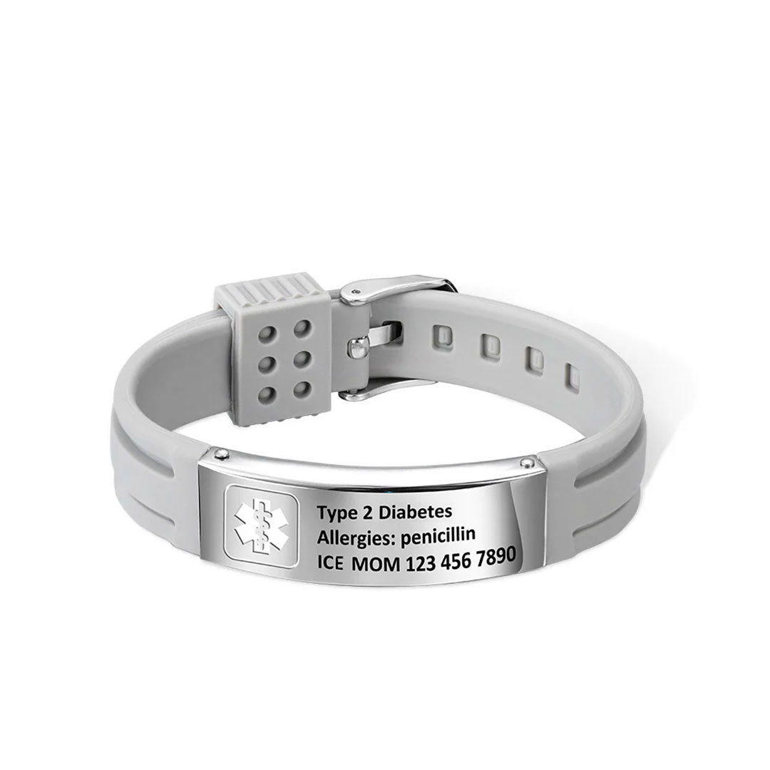 Personalized Emergency Medical Alert Adjustable Silicone Waterproof Wristband with Stainless Steel ID Name Tag for Men Women First Aid Gift-ancustom