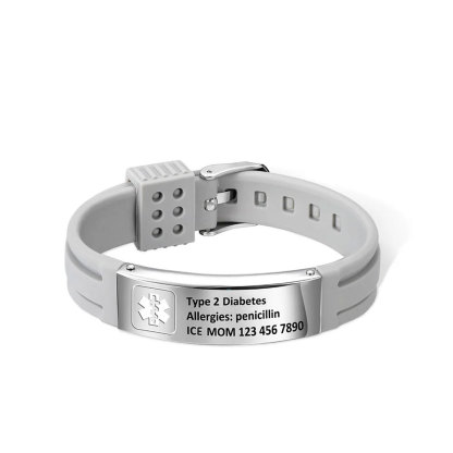 Personalized Emergency Medical Alert Adjustable Silicone Waterproof Wristband with Stainless Steel ID Name Tag for Men Women First Aid Gift-ancustom