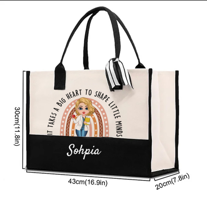 Personalized It Takes A Big Heart To Shape Little Minds Rainbow Large Tote Bag with Name Back to School Birthday Gift for Teacher-ancustom